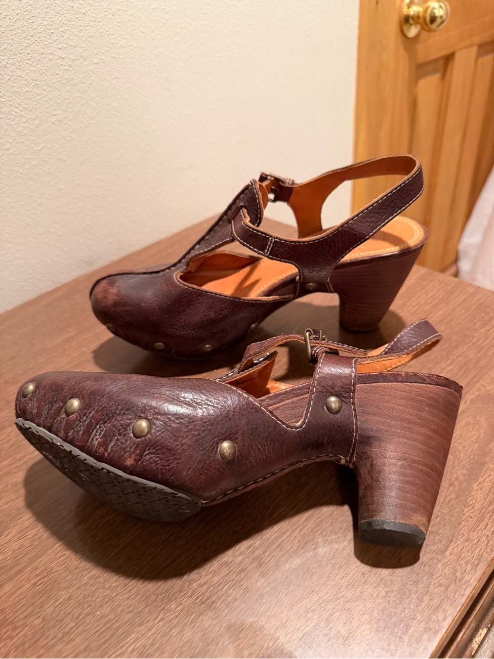 Frye Dark Brown Leather Studded T-Strap Clogs